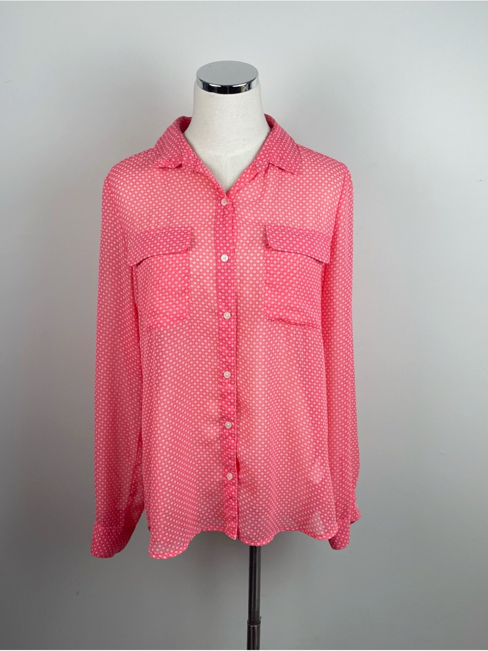 Old Navy Pink White Polka Dot Sheer Long Sleeve Button Down Top Medium